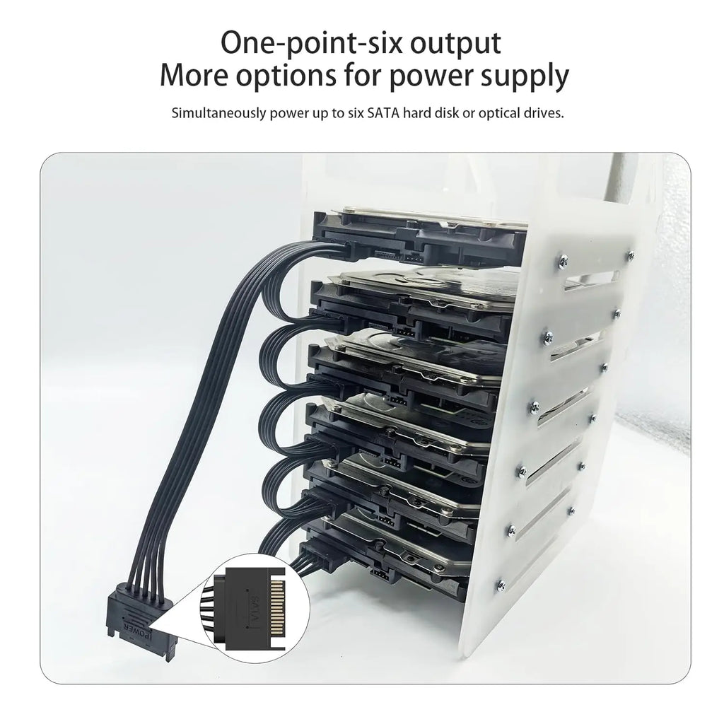 SATA Power Splitter Cable 6 Way, 15 Pin SATA to 3/4/5/6 for HDD、SSD、Optical Drives, SATA Power Connector Supply Extension Cable