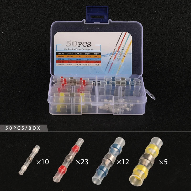 50/100/120/150/250/400Pcs Boxed Heat Shrink Tin Butt Connectors Waterproof Solder Seal Sleeve Splice Terminals 26-10AWG 0.25-6mm
