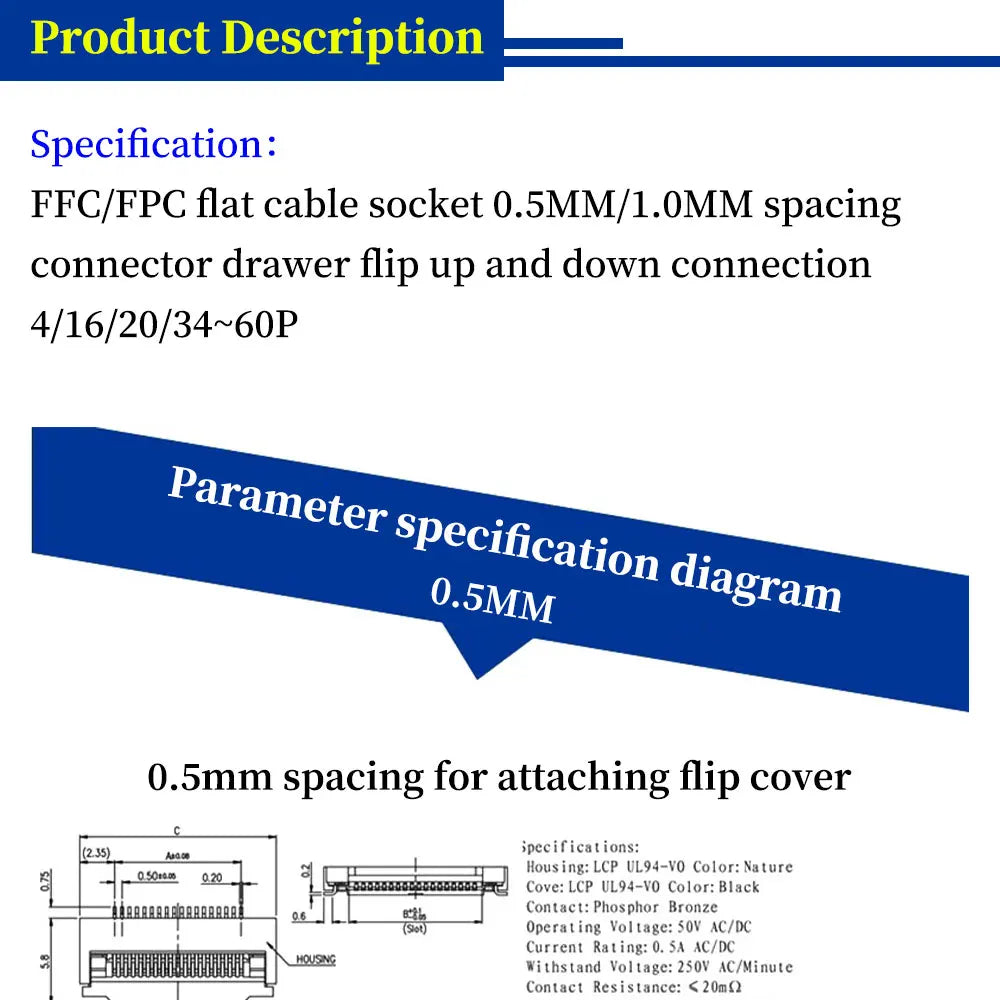 10pcs 4P 5P 6P 8P 10P 12P 14P 16P 20P 22P 24P 30P 34P 0.5mm/1mm Pitch Under Clamshell Socket FPC FFC Flat Cable Connector