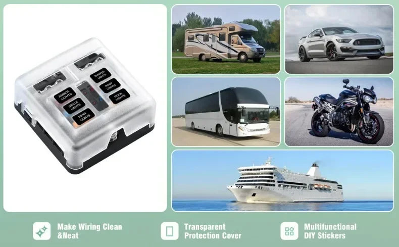 6/12 Way Blade Fuse 12-24V Car Boat Fuse Box Holder with Plastic Cover for Power Panel Board Camper RV Accessorie