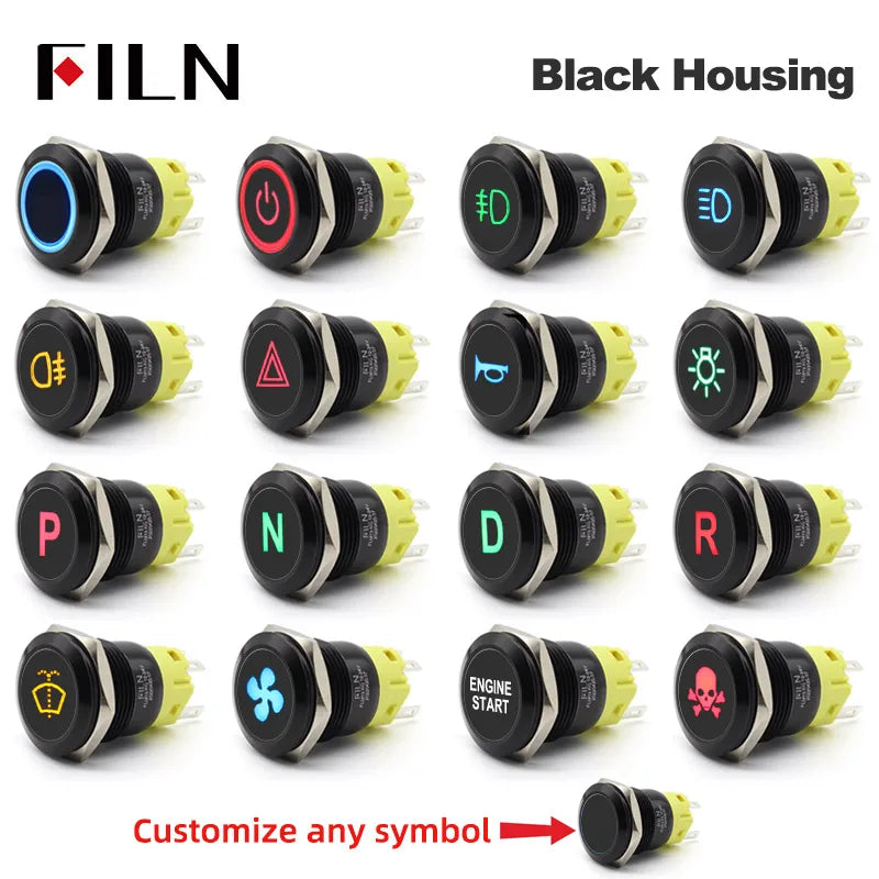 12V 19mm Warning LED Indicator Light Panel Metal Push Button Switch Lock and Momentary on Off with Dash LOGO Symbol