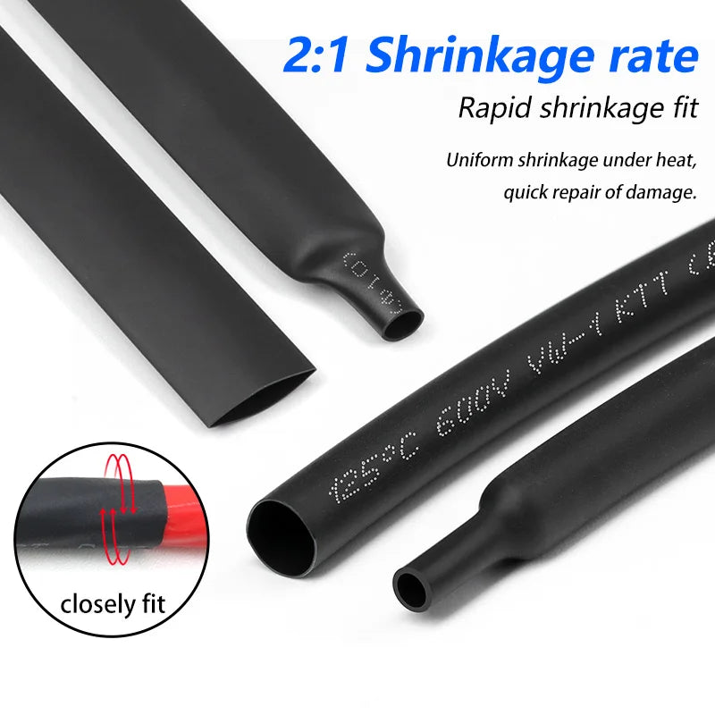 1/2/5M Black 2:1 Heat Shrink Tube Diameter 0.6mm~120mm Wire Repair Protector Polyolefin Insulated Shrinkable Cable SleeveTubing