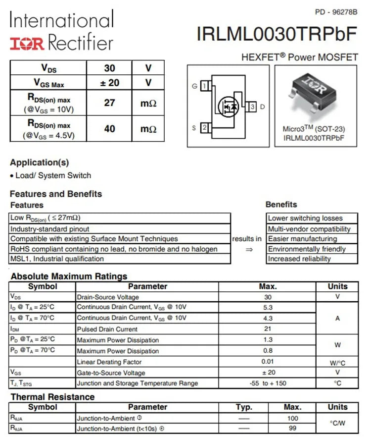 10PCS IRLML0030TRPBF IRLML0030 IRLML0040 IRLML0060 IRLML0100 IRLML2244 IRLML2246 TRPBF SOT23 N/P-Channel MOSFET SMD transistor