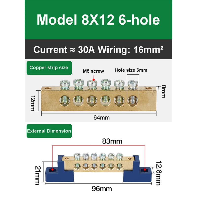 019 Series 6*9 8*12 4/6/8/10/12/14/16 Hole Zero Ground Row Copper Bar Connection Terminal Wiring Terminal of Distribution Box