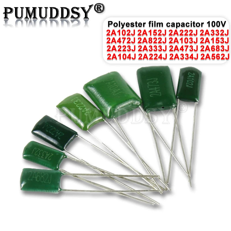 50PCS Polyester Film Capacitor 100V 220nF 330nF 2A224J 2A334J 2A102J 2A152J 2A222J 2A332J 2A472J 2A822J 2A103J 2A153J 2A223J 333