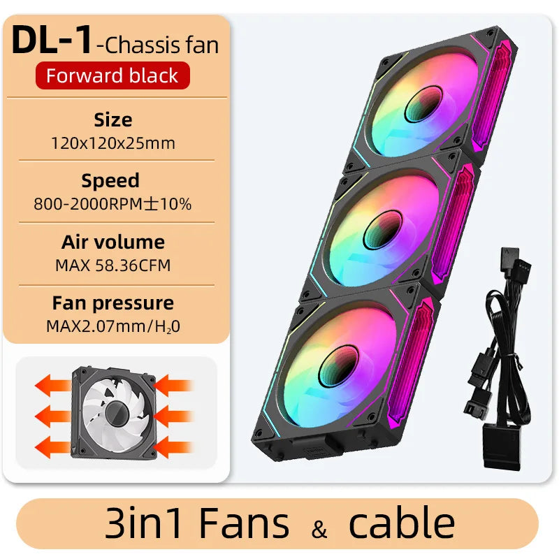 Coolcirc DL-1 120mm PC Case Fan 800-2000rpm PWM Hydro Bearing Silent 5V3Pin ARGB Water Cooler Magic Cableless Cooling Ventilator
