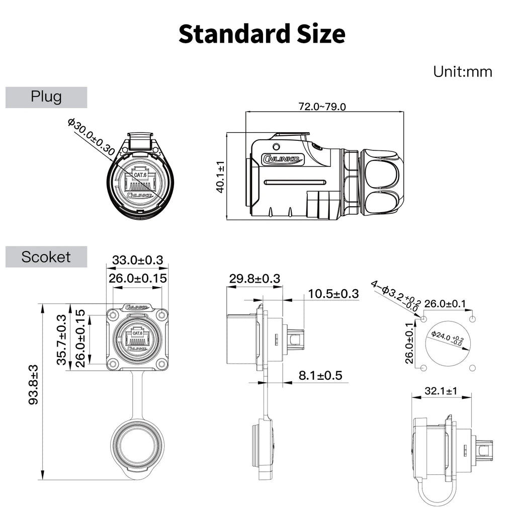 CNLINKO M24 Waterproof IP68 Circular RJ45 Connector 8P8C Cat6 Male/Female Panel Mount for Industrial Automation Marine & Outdoor