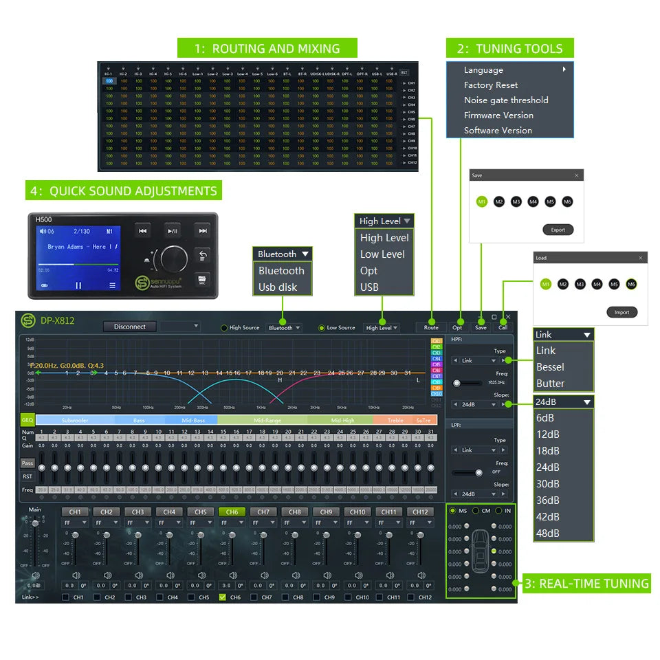 Sennuopu 12 Channels Digital Sound Processors DSP 8 Channels 50 Watts RMS Power Audio Amplifier with Bluetooth Player X812