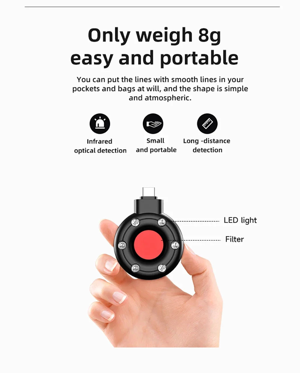 Portable Camera Detector Mobile Phone USB IR Alarm for Outdoor Travel Hotel Rental Anti Candid Hidden Camera Finder Led Light