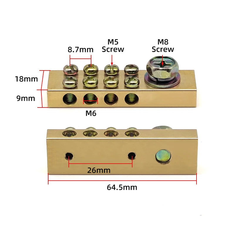 Terminal Block 10*18mm 8/10/12/16/20/24/30/40/50 Way One In Multiple Out High Current Double Neutral Ground Connector Brass Bar