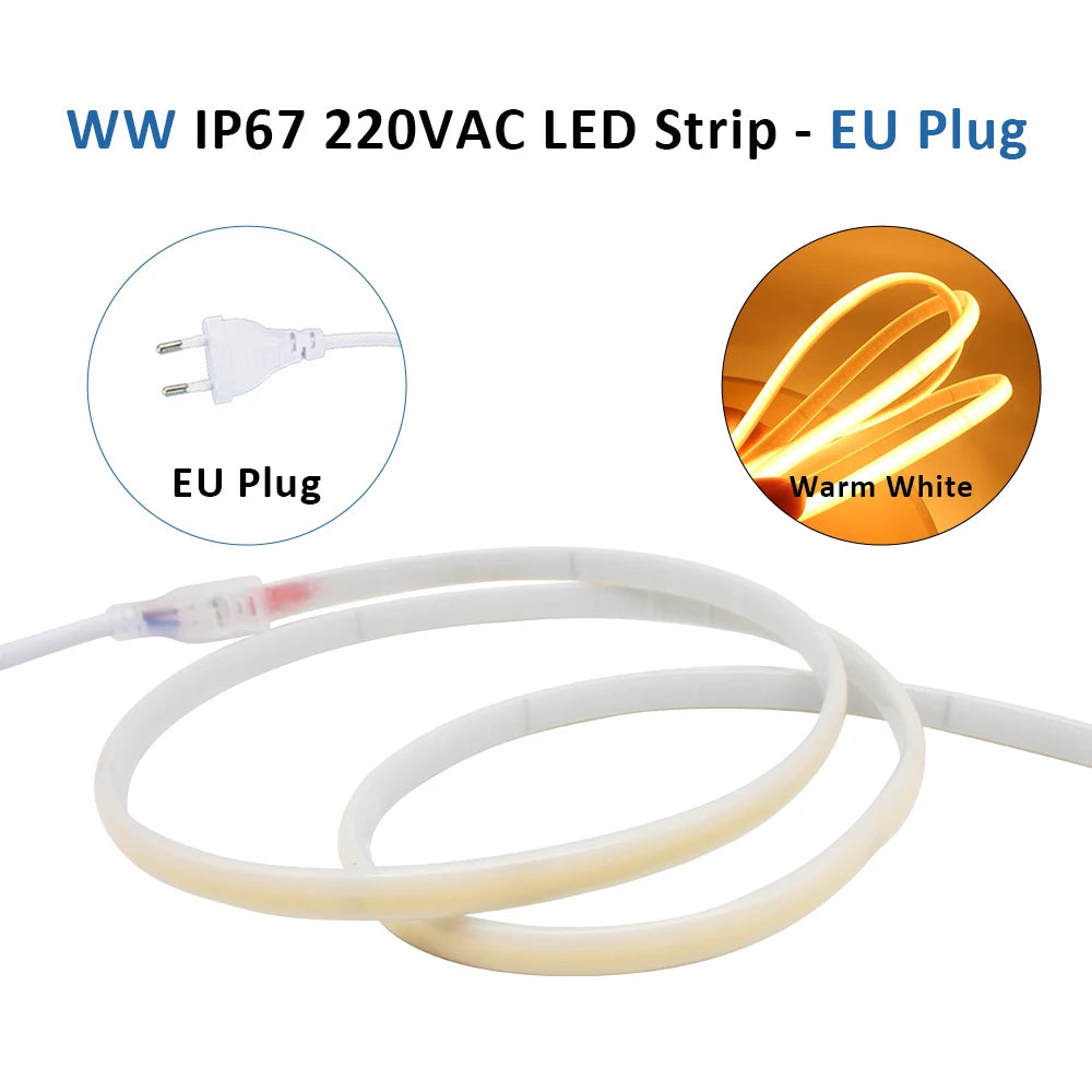 AC220V COB LED Strip Light IP67 Waterproof Flexible Ribbon 2Pin Wire/EU Plug Tape Lamp 3000K/4000K/6000K Outdoor Linear Lighting
