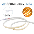 AC220V COB LED Strip Light IP67 Waterproof Flexible Ribbon 2Pin Wire/EU Plug Tape Lamp 3000K/4000K/6000K Outdoor Linear Lighting