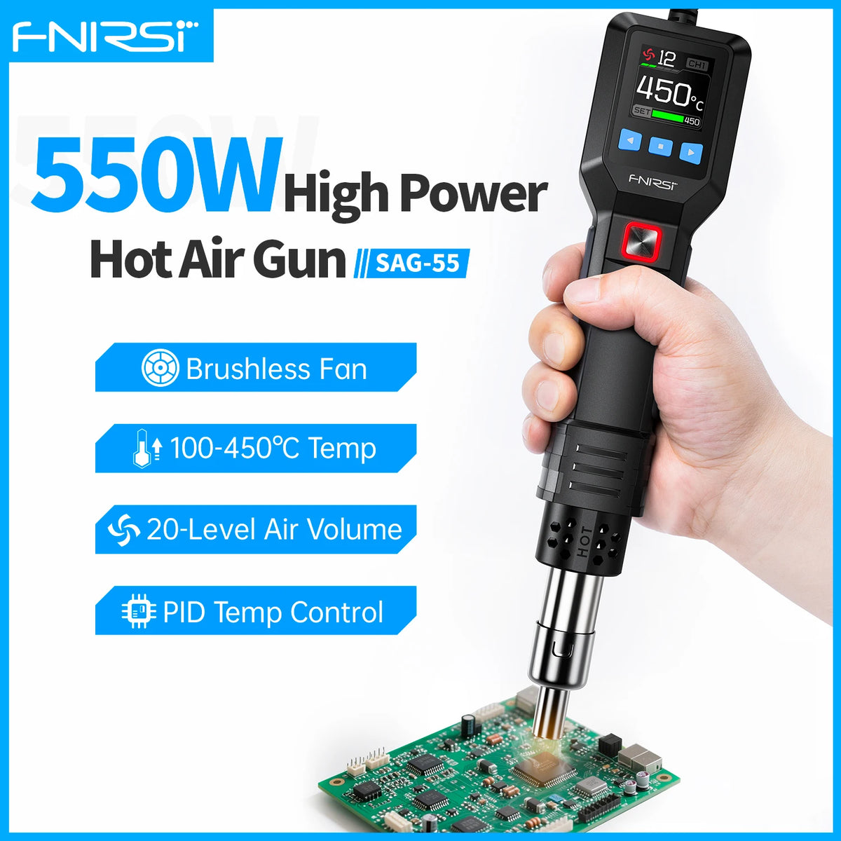 FNIRSI SAG-55 550W Hot Air Gun with Stand  Rework LCD Digital Hair Dryer Adjustable Temperature Heat Gun for Phone Repair Tools