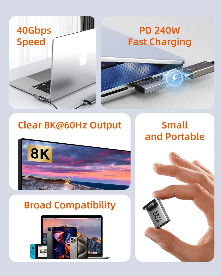 CABLETIME Type C Adapter 240W OTG USB C Adapter 8K 60Hz 40Gbps 90-Degree Converter USB4 Adapter for iPhone Adapter MacBook iPad