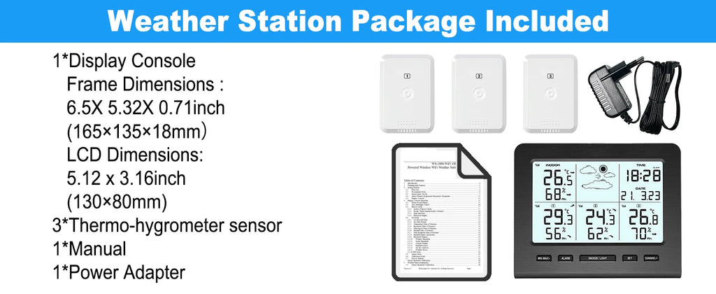 3 Sensors Weather Station with 100m Wireless Transmission Backlight LCD Alarm Clock  for Indoor/Outdoor Temp Humidity Monitor