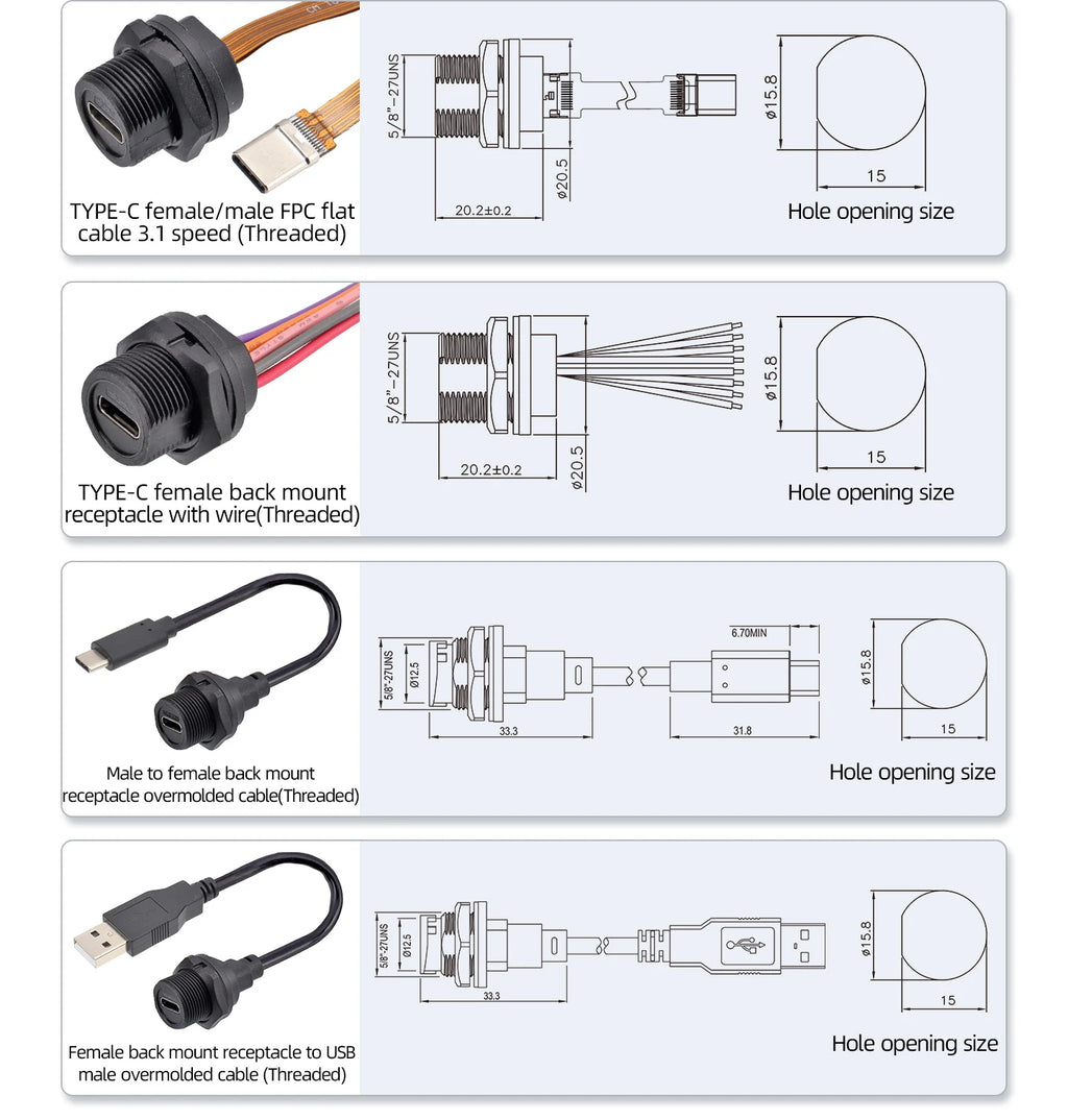 Type-C 3.0/3.1 IP67/IP68 Waterproof Connector Female to Female Adaptor PCB Panel Mount Socket to Male FPC Flat Extension Cable