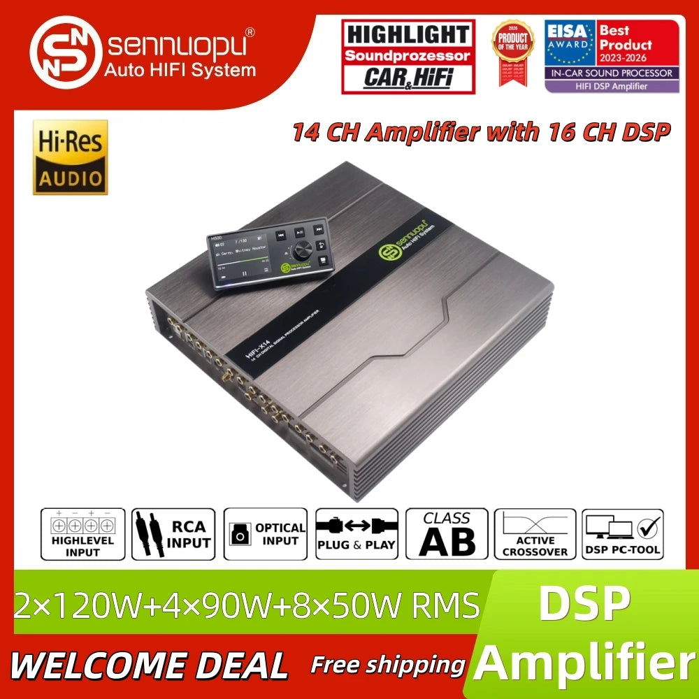 Sennuopu X14 16-Channel DSP Car Audio Processor | 14CH Class AB Automotive Amplifier, Auto Sound Module Power Amp