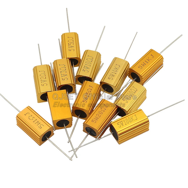 1pcs Gold Aluminum Housed High Power Resistors RX24-5W 0.1R 1R 2 3 4 5 6 8 10 20 47 100 150 200 300 470 Ohm 1K Ohm 10K 100K Ohms