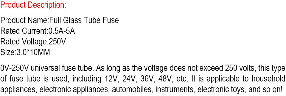 100PCS 3*10MM Fast-Blow Glass Tube Fuse with Lead Wires 0.5A 1A 1.5A 2A 2.5A 3A 4A 5A 250V Axial Fast Glass Fuse with Lead Wire