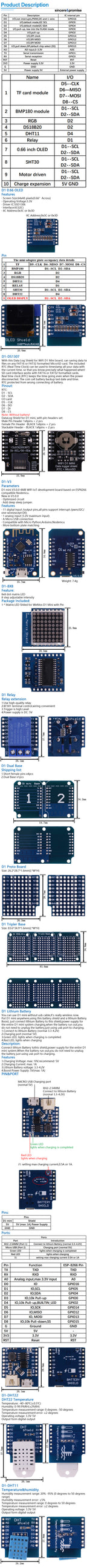 ESP8266 D1 Mini Pro WiFi Development NodeMcu Lua ESP-12F CH340G Type-c Micro SD/TF SHT30 Proto Board Dual Base for WeMos DIY Kit