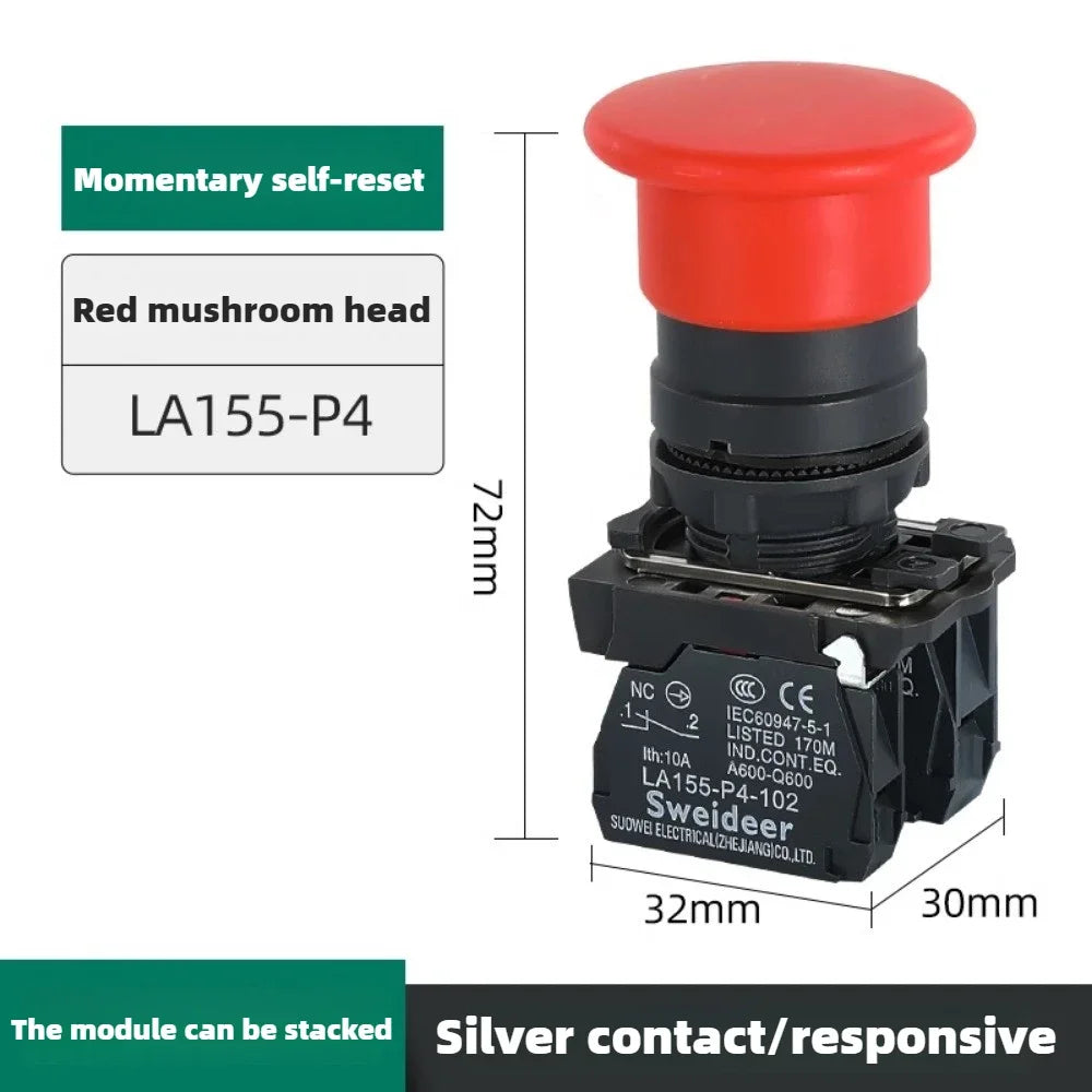 XB4 Double Button Switch with Light 22mm Emergency Stop Button Switch Momentary Self Reset Mushroom Power Push Button Switch 10A