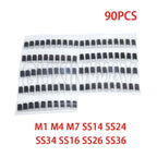 90PCS Rectifier Diode 1N4007 1N4001 1N4004 SS14 SS24 SS34 SS16 SS26 SS36 SMD Schottky Diode Assort Kit
