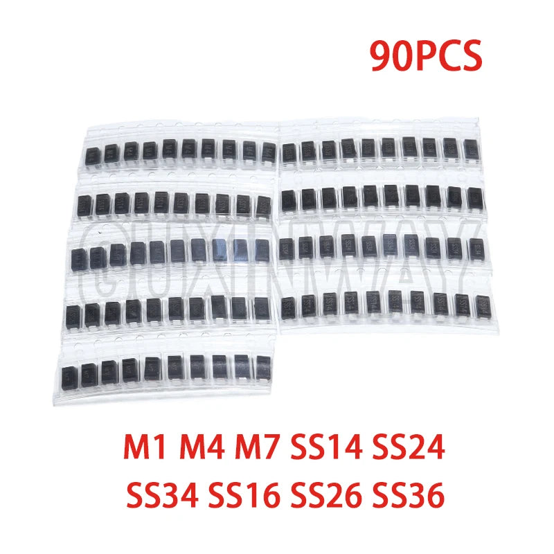 90PCS Rectifier Diode 1N4007 1N4001 1N4004 SS14 SS24 SS34 SS16 SS26 SS36 SMD Schottky Diode Assort Kit