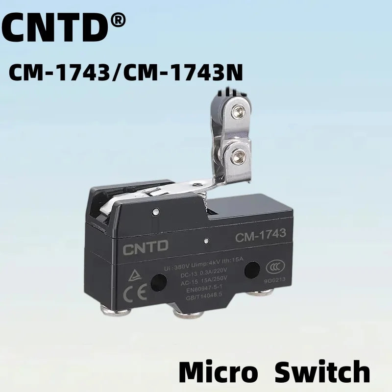 Micro Limit Switch CNTD CM‑1743 CM‑1743N Long Roller Lever 15A 250VAC 1NO1NC Plastic Housing Travel Switch for Industrial Machin