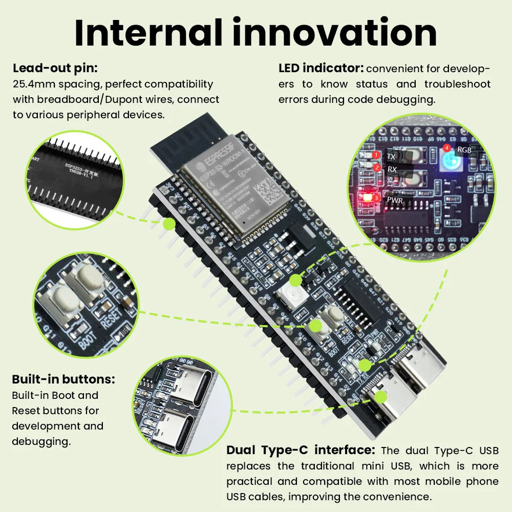 ESP32-S3-DevKitC-1 N16R8 Development Board Two Type C Integrated Wi-Fi&Bluetooth 44Pin Compatible Arduino IDE ESP-IDF Optional