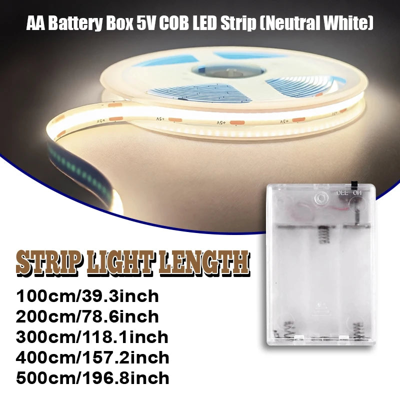 1 Roll of Cob Spotless Led Light Strip with Battery Box (Battery Not Included), Low Voltage 5V, Battery Box Powered (Battery Not Included), White Light/Warm Light/Neutral Light, Suitable for Space-Themed Decoration, Ca