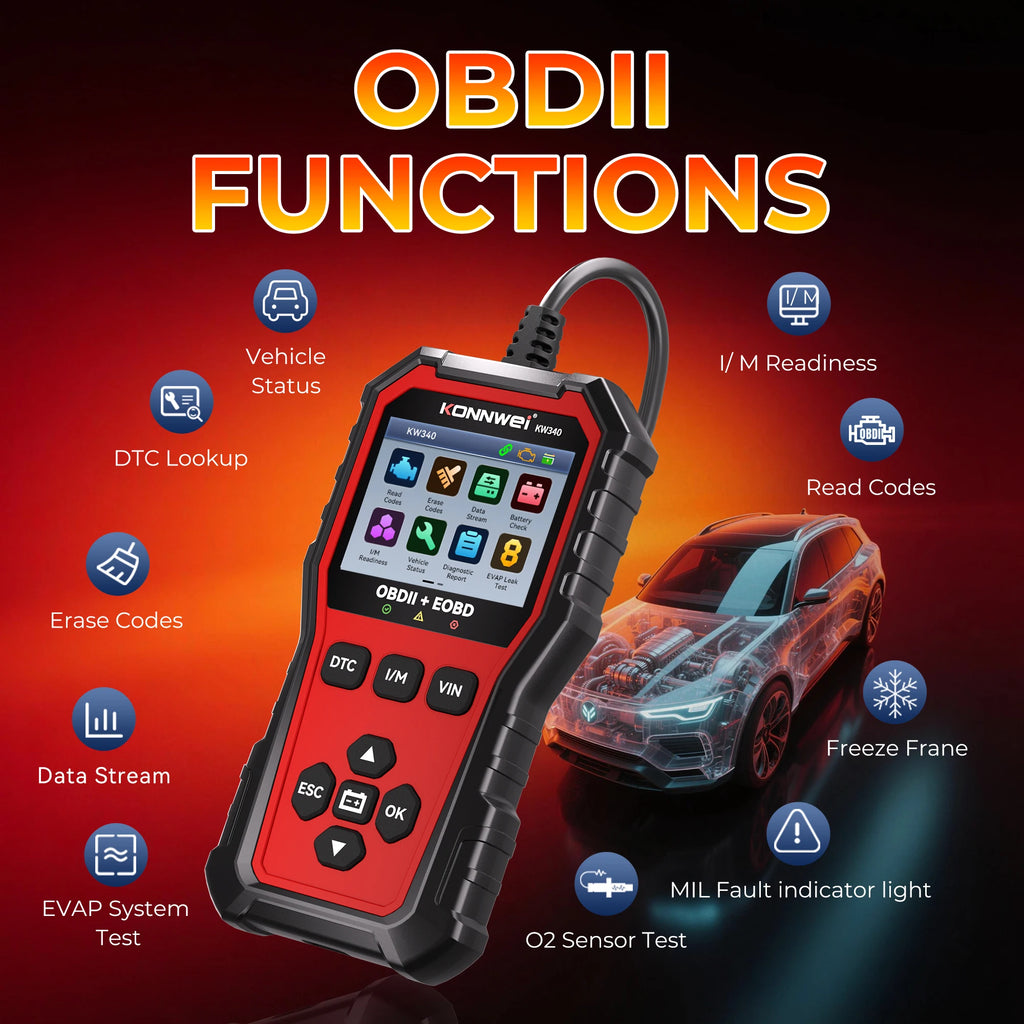 KONNWEI KW340 Car OBD2 Diagnostic Tool CAN EOBD 3in1 Engine Battery Test Read Clear Fault Code Real-Time Data O2 Inspection Tool