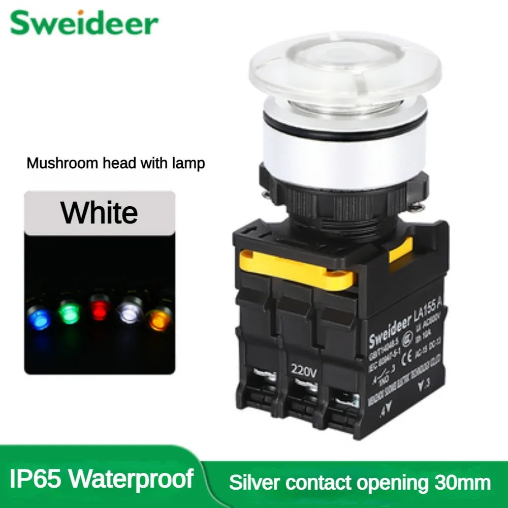 30mm Mushroom Button Switch with Light Waterproof Momentary Reset Self Locking Power Push Button Switch 12V 24V 220V 1NO 1NC Red