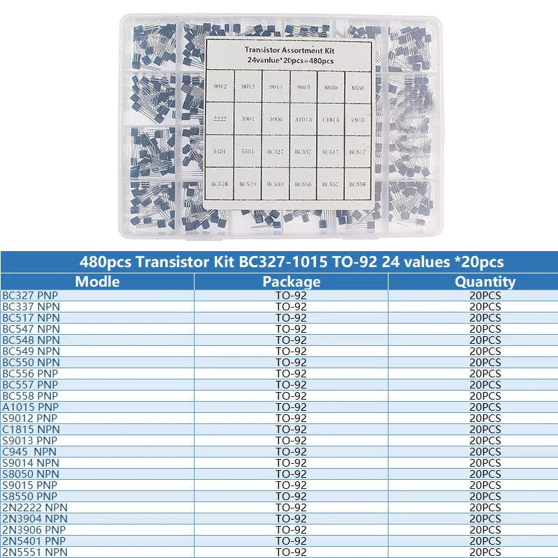 Transistor Assortment Kit TO92 PNP/NPN A1015 BC327 BC337 C1815 S8850 2N2222 2N2907 2N3904 2N3906 for Electronics DIY Repair