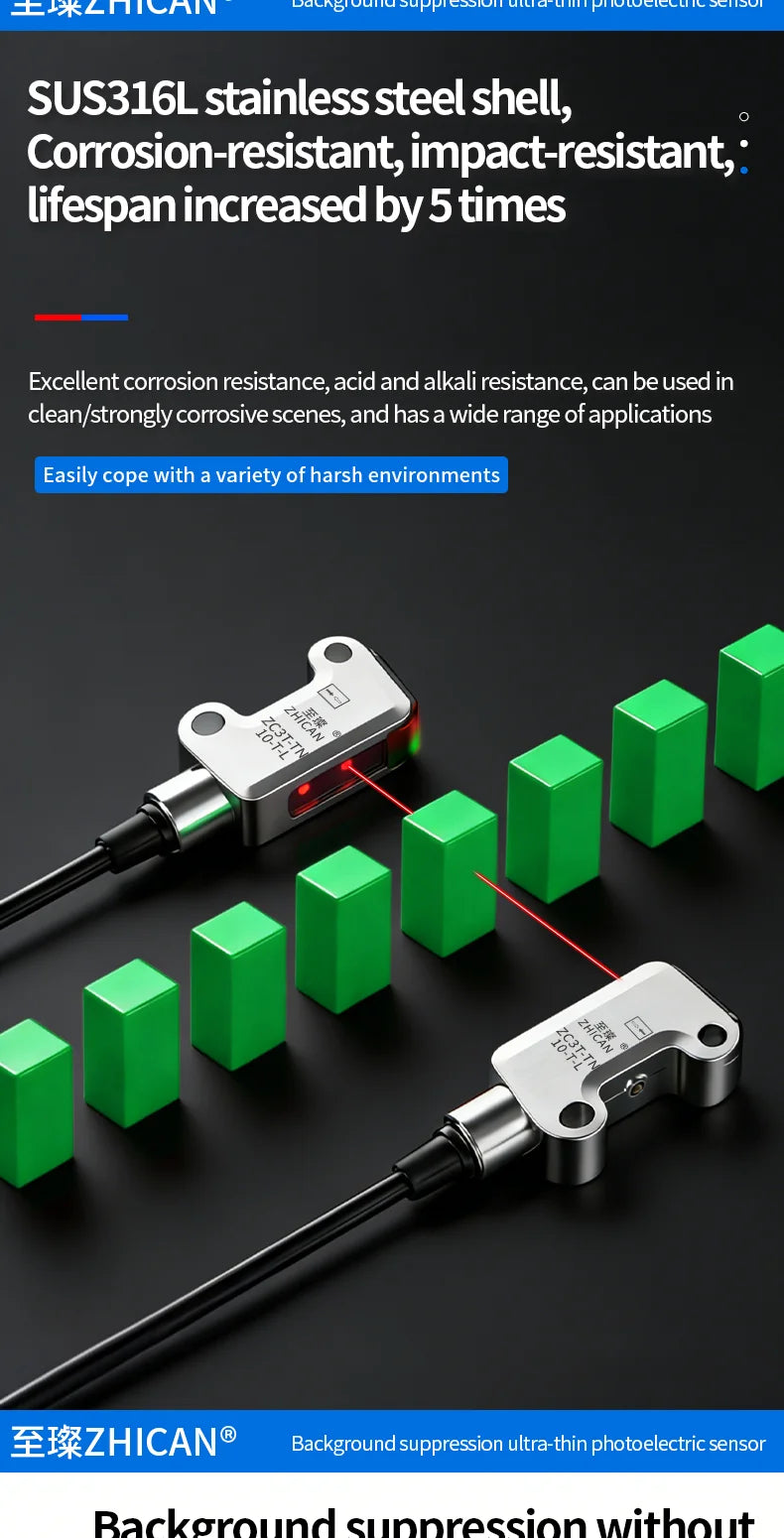 ZHICAN ZC3T Miniature Flat Photoelectric Sensor Front Side View Through Beam Diffuse Reflective