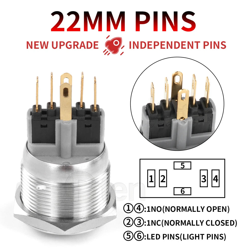 2NO2NC 16/19/22mm Waterproof Metal Push Button Switch LED Light Momentary Car Engine Power Switch 3/6/12/24/220V silver 1NO1NC