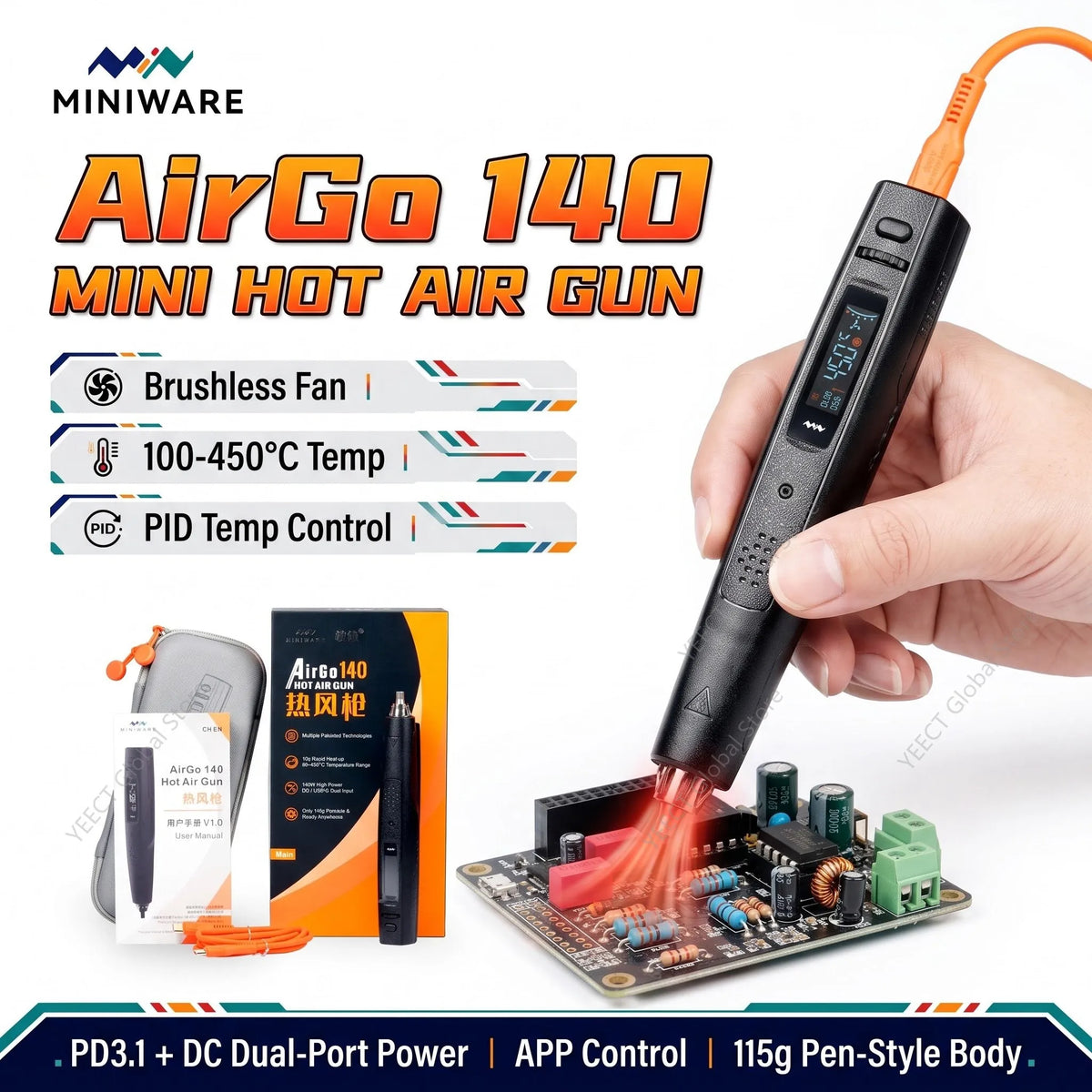 MINIWARE AirGo 140 Mini Soldering Station Hot Air 140W PD3.1 Type C Fast Heat BGA Rework Tool 80-450C For Phone PCB Repair Box