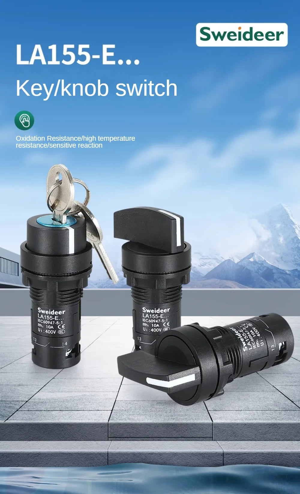 22mm Key Knob Switch 1NO/2NO/1NO1NC 2/3 Position Self Locking Select Rotary Switch Power Conversion Switch 5A on Off