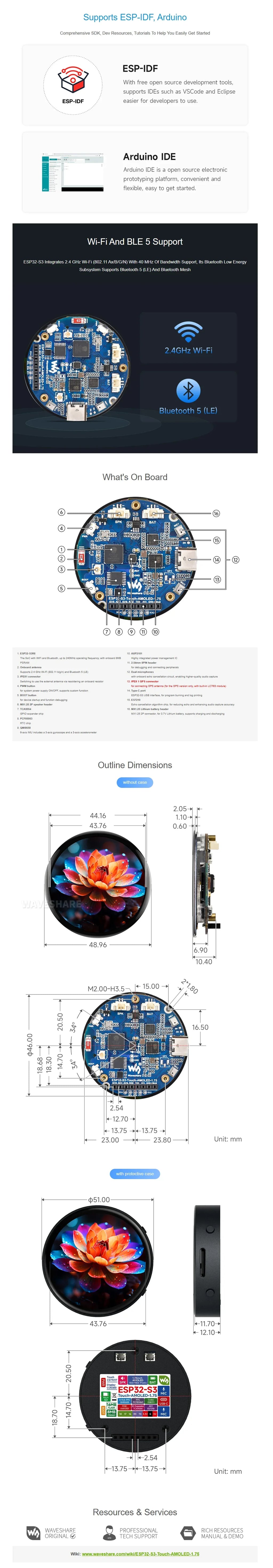 Waveshare 1.75inch AMOLED Round Touch Display ESP32 S3 Development Board 32 Bit LX7 Dual Core Processor ESP32 with Display