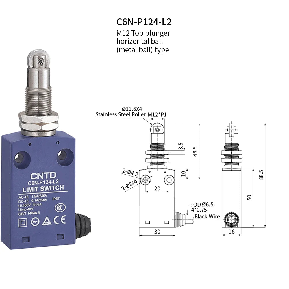 CNTD Micro Limit Switch C6N Series C6N‑101 C6N‑102 C6N‑111 C6N‑121 1NO1NC 10A 250V IP67 Waterproof For Automated Machinery