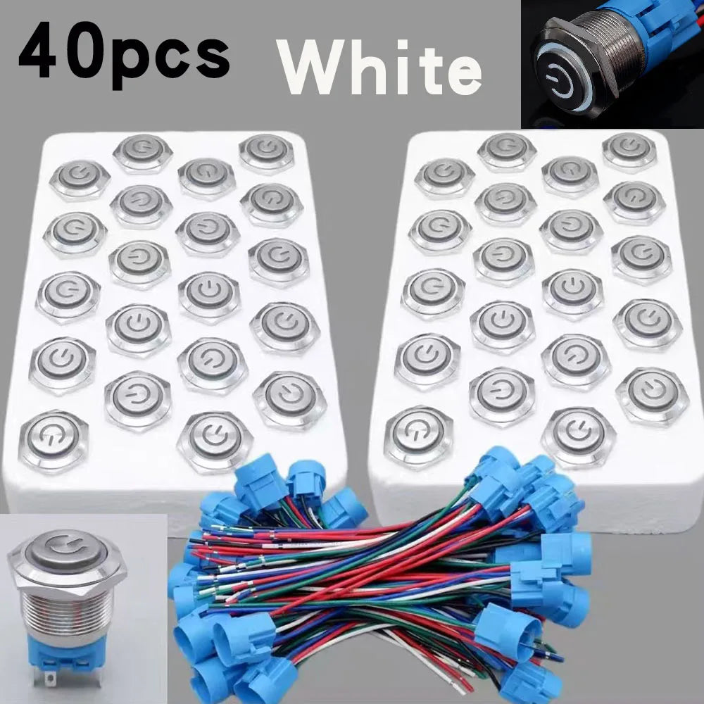 40pcs 22mm Push Button Switch Latching Momentary Metal PC Power LED Light On Off with Wire Waterproof 12v 3v 5v 6v 24v 220v Red