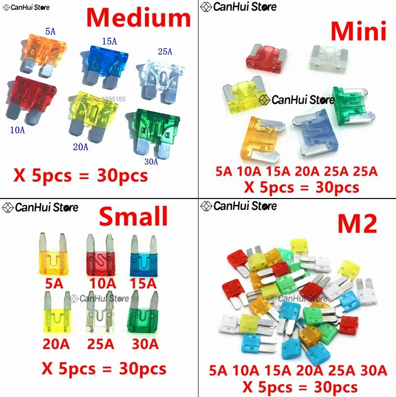 30pcs 5A10A15A20A25A30A x 5pcs M2/Mini/Small/Medium Car Fuses Set Mixed Mini Standard Blade Fuse for Auto Truck Automotive Boat