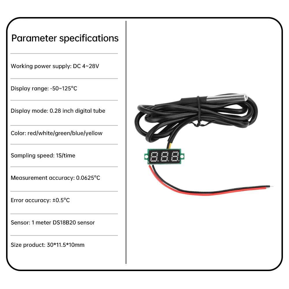 DC4-28V 0.28-inch Mini Two-Line Digital Thermometer Tester LED Display DS18B20 Waterproof Metal Probe -50 ℃~125 ℃