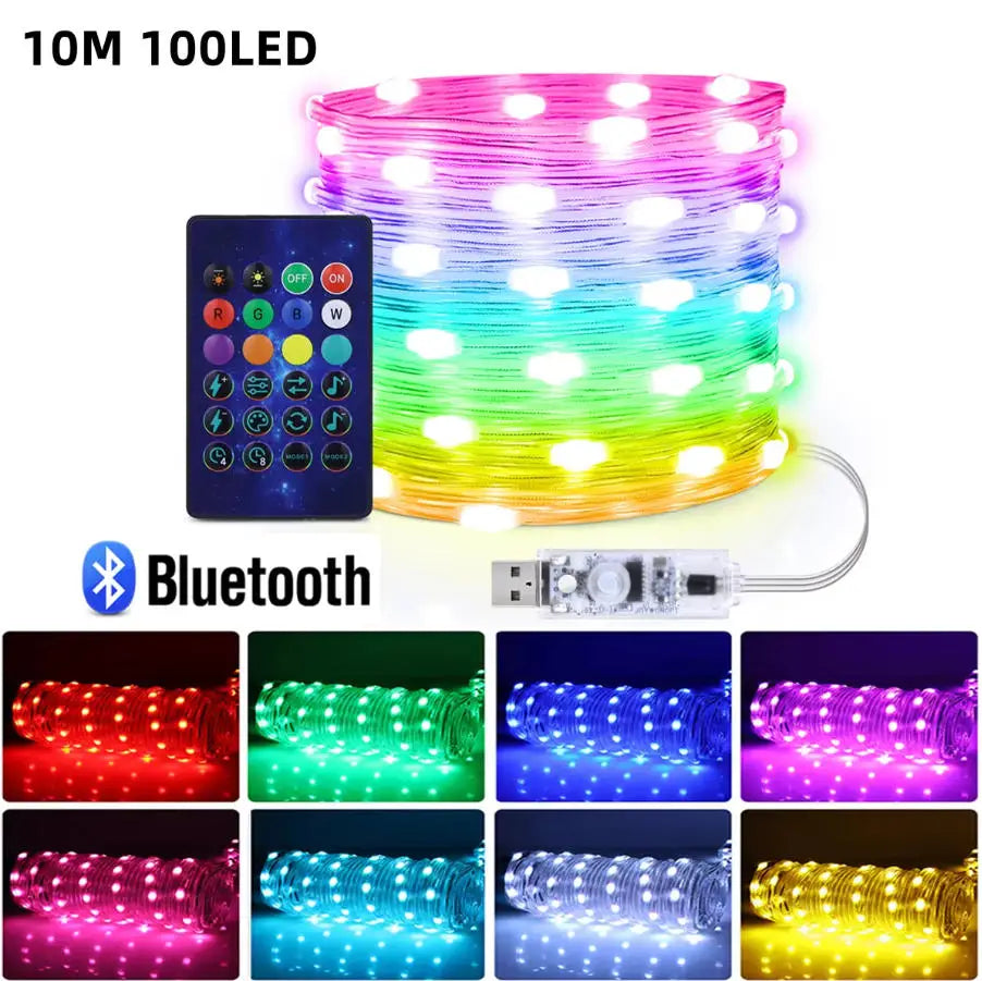 RGB Leather LED Fairy Lights 10M 40M Smart Bluetooth Music Light String IP65 Holiday Garland Decoration