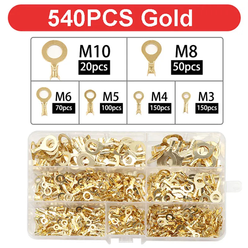 150-540pcs Boxed Terminal Block Connector M3/M4/M5/M6/M8/M10 O-type Ground Lugs Terminal Cold-Pressed Copper Tab Wiring Nose