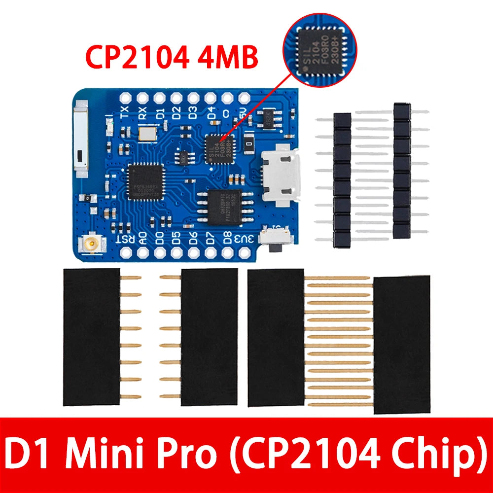 1PC ESP8266 Module for WeMos D1 Mini Pro – NodeMCU Board with 4M/16M Flash, CP2104 & External Antenna (for Arduino-Compatible)