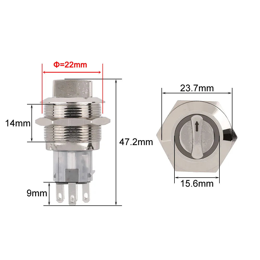 Rotary Switches Knob DPDT/SPDT 2/3 position 16/19/22MM Latching Waterproof Metal Selector Light Electric On Off 5V12V220V 2NO2NC