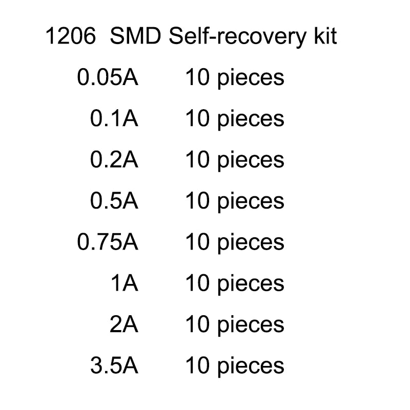 Resettable Fuses Service DIY Kit 1206 SMD PPTC 0.05A 0.5A 0.1A 0.2A 0.75A 1A 2A 3.5A Self-recovery Fuse Assorted Packs Fuse Box