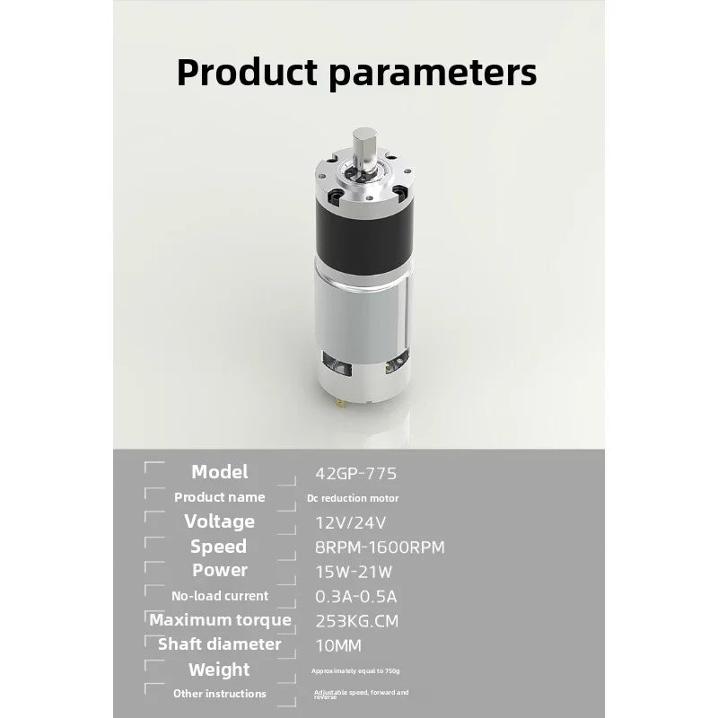42GP-775 Motor DC Reduction Motor 12V 24V Large Torque Motor Planetary Reduction Planetary Gear Brush 10mm Shaft Diameter