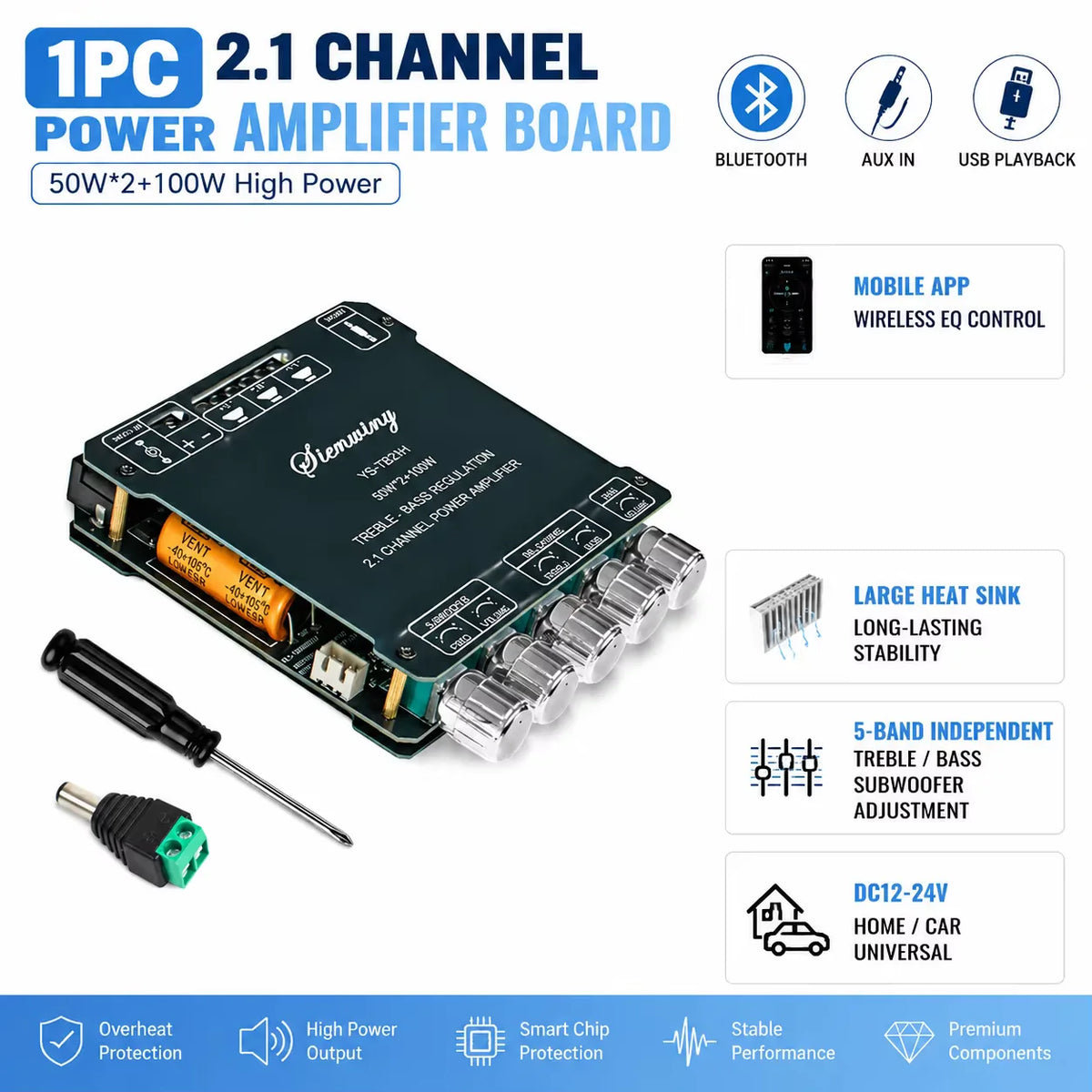 2.1CH Bluetooth Amplifier Board 200W Class D 50W*2+100W Subwoofer Bass Treble USB APP MIC KTV DC12-24V HiFi DIY Speaker