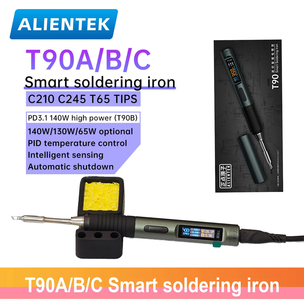 ALIENTEK T90 Soldering Iron PD3.1 140W Adjustable Temperature 80-450℃ Precision Welding Solder Kit T245 T210 Welding Tool